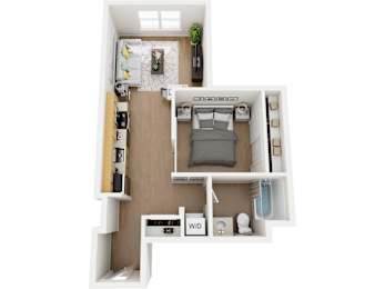 A top-down view of a small apartment with a bed, desk, and shelving.