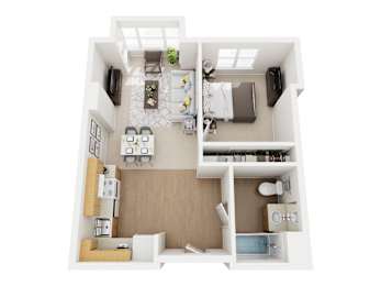 A top down view of a small apartment with a kitchen, living room, and bathroom.