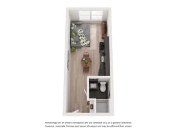 a small apartment with a small kitchen and a small bathroom at Shift, Portland Oregon