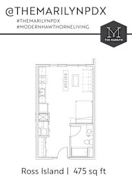 A floor plan of a 475 sq ft apartment at Ross Island.