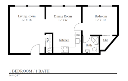 A floor plan of a one bedroom apartment with a bath.