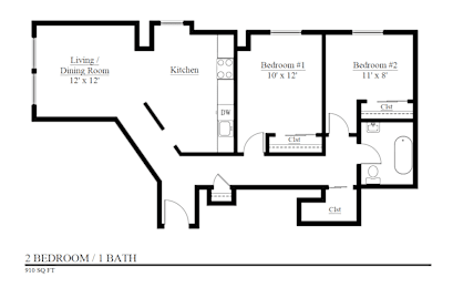 A floor plan of a 2 bedroom 1 bath house.