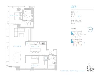 2 bed 2 bath floor plan layout at Park Avenue West Apartments, Portland, OR