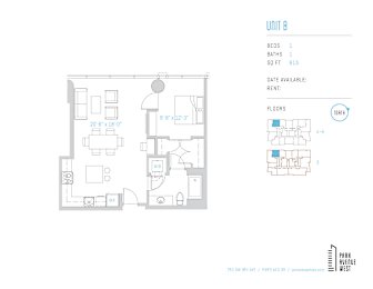 One bedroom one bathroom floor plan layout at Park Avenue West Apartments, Portland, 97205