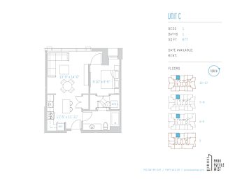 One bedroom floor plan unit c 677 square feet at Park Avenue West Apartments, Portland, Oregon