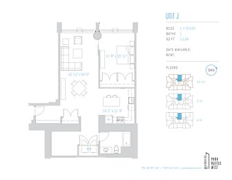 One bedroom plus study floor plan unit j at Park Avenue West Apartments, Portland, 97205