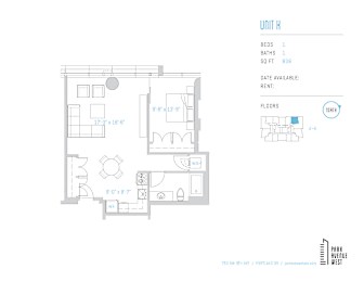1 bedroom one bathroom floor plan unit h at Park Avenue West Apartments, Portland, Oregon