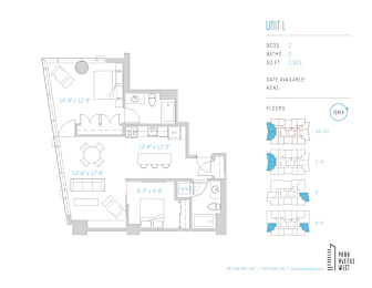 Two bedroom two bathroom floor plan 1021 square feet at Park Avenue West Apartments, Portland