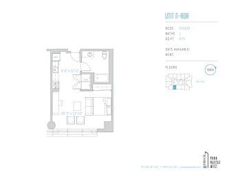 A floor plan for a unit at 7 Parr Mews West shows a studio apartment with one bed, one bath, and 673 square feet of living space.