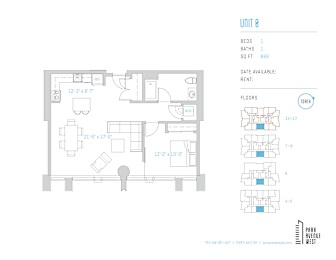 One bedroom floor plan 895 square feet at Park Avenue West Apartments, Portland, 97205