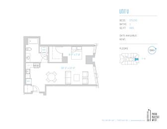 A floor plan for a unit with a studio layout, featuring one bathroom, a kitchen, and a living room.
