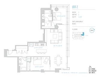 Two bedroom floor plan with balcony 1407 square feet at Park Avenue West Apartments, Oregon