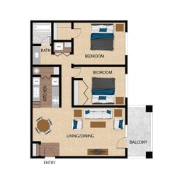 Floor Plan  2 bed 1 bath A at The Bristol Apartments, Greenville, SC