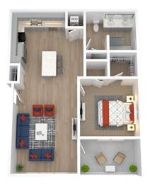 Floor Plan  A floor plan of a small apartment with a living room, kitchen, and bedroom.