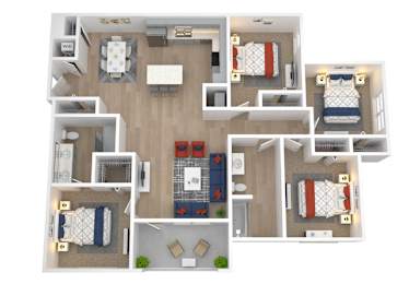 Floor Plan  A 3D floor plan of a house with two bedrooms, a living room, a kitchen, and a bathroom.