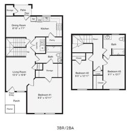 Floor Plan  3 bed 2 bath at Pendleton Townhomes Apartments, Durham, 27703