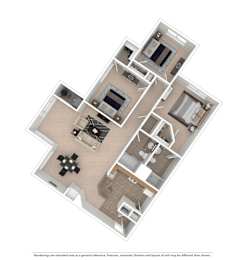 A floor plan of a house with a kitchen, living room, and two bedrooms.