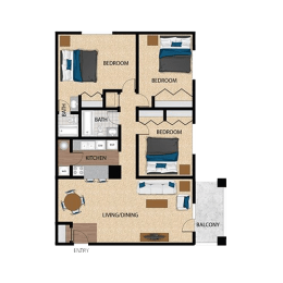 Floor Plan  3 bed 2 bath A at The Bristol Apartments, Greenville, South Carolina