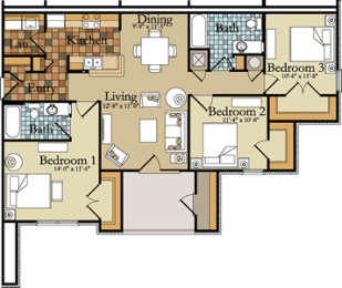 Floor Plan  a floor plan of a house with bedrooms and a living room and a dining room