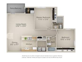 A floor plan of a small apartment with a living room, kitchen, dining room, and three bedrooms.