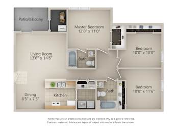 A floor plan of a home with a living room, dining room, kitchen, and three bedrooms.