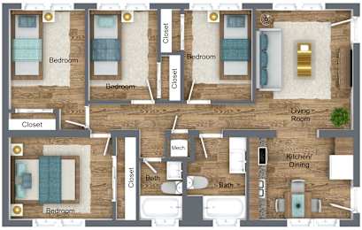 A floor plan of a house with three bedrooms, a living room, a kitchen/dining area, two bathrooms, and two closets.