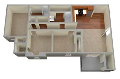 A 3D floor plan of a house with a kitchen, living room, and two bedrooms.