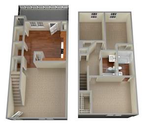 A 3D floor plan of a house with two rooms and a staircase.