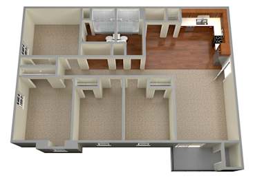 A 3D floor plan of a house with a kitchen, living room, and two bedrooms.
