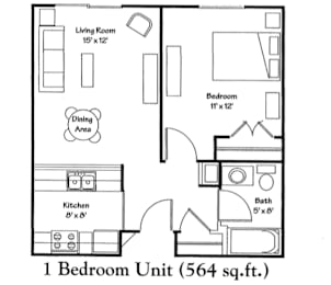 1 Bedroom Floor Plan at Carolina Springs Apartments, Carrboro, NC