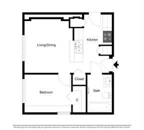 A Floor Plan of a 1 Bedroom Apartment