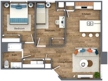 A floor plan of a house with a living room, two bedrooms, a kitchen, and a bathroom.