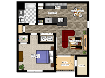 A floor plan of a house showing a living room, dining room, kitchen, and bedrooms.