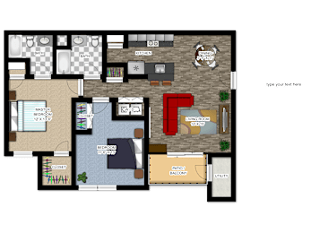 A floor plan of a house with a master bedroom, living room, and kitchen.