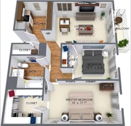 3d floor plan of a bedroom apartment