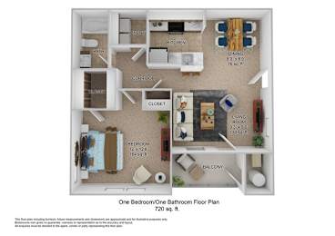 A floor plan of a one bedroom/one bathroom apartment.