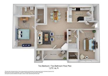 A floor plan of a two bedroom, two bathroom apartment.