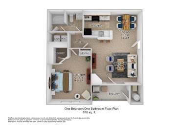 A floor plan of a one bedroom/one bathroom apartment.