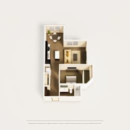 A diagram of a house with a kitchen, living room, and bathroom.