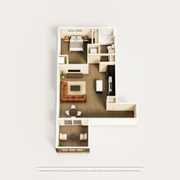A floor plan of a small apartment with a living room, kitchen, and bedroom.