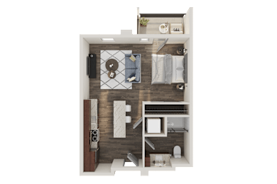 A top-down view of a small apartment with a kitchen, living room, and bedroom.