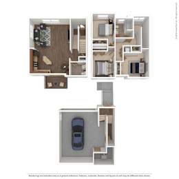 a stylized floor plan of a 3 bedroom apartment at Boulder Ridge, Minnesota, 55811