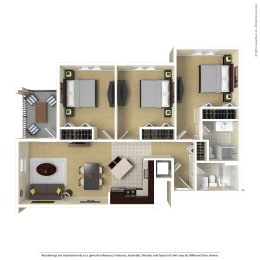 a 3d floor plan of a 1 bedroom apartment at Boulder Ridge, Duluth