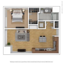 a 3d floor plan of a room with a bedroom and a bathroom at Bluestone Flats, Minnesota, 55803
