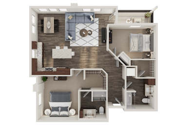 A 3D rendered image of a house layout.