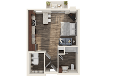 A 3D rendered image of a small apartment layout.