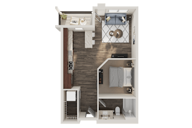 A top-down view of a small apartment with a kitchen, living room, and bathroom.