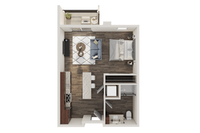 A top-down view of a small apartment with a bedroom, living room, and kitchen area.