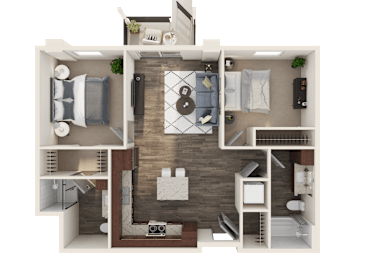 A 3D floor plan of a small apartment with a kitchen, living room, and bedroom.