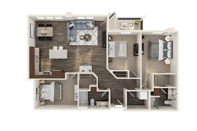 A 3D rendered image of a house layout.